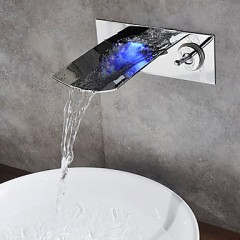Chrome Finish Color Changing LED Waterfall Wall Mount Bathroom Sink Tap T0500BF
