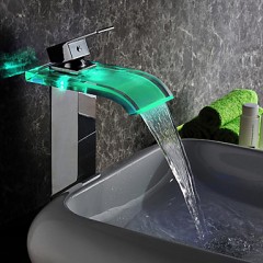 Contemporary LED Waterfall Hydroelectric Power Glass Bathroom Sink Tap Chrome Finish(Tall) TP0822HF